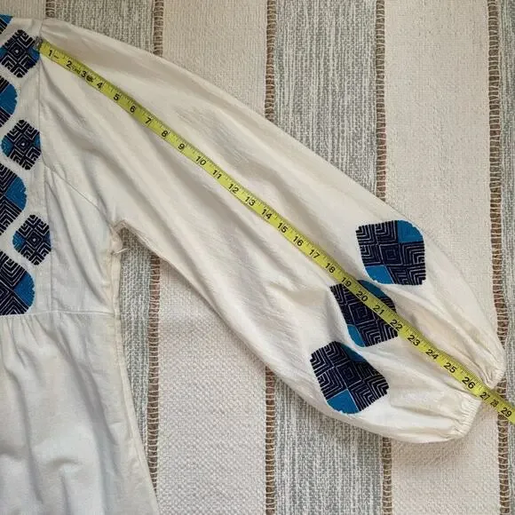 Figue Lucie White Blue Embroidered Pom Pom Long Balloon Sleeves Boho Mini Dress - Picture 11 of 13